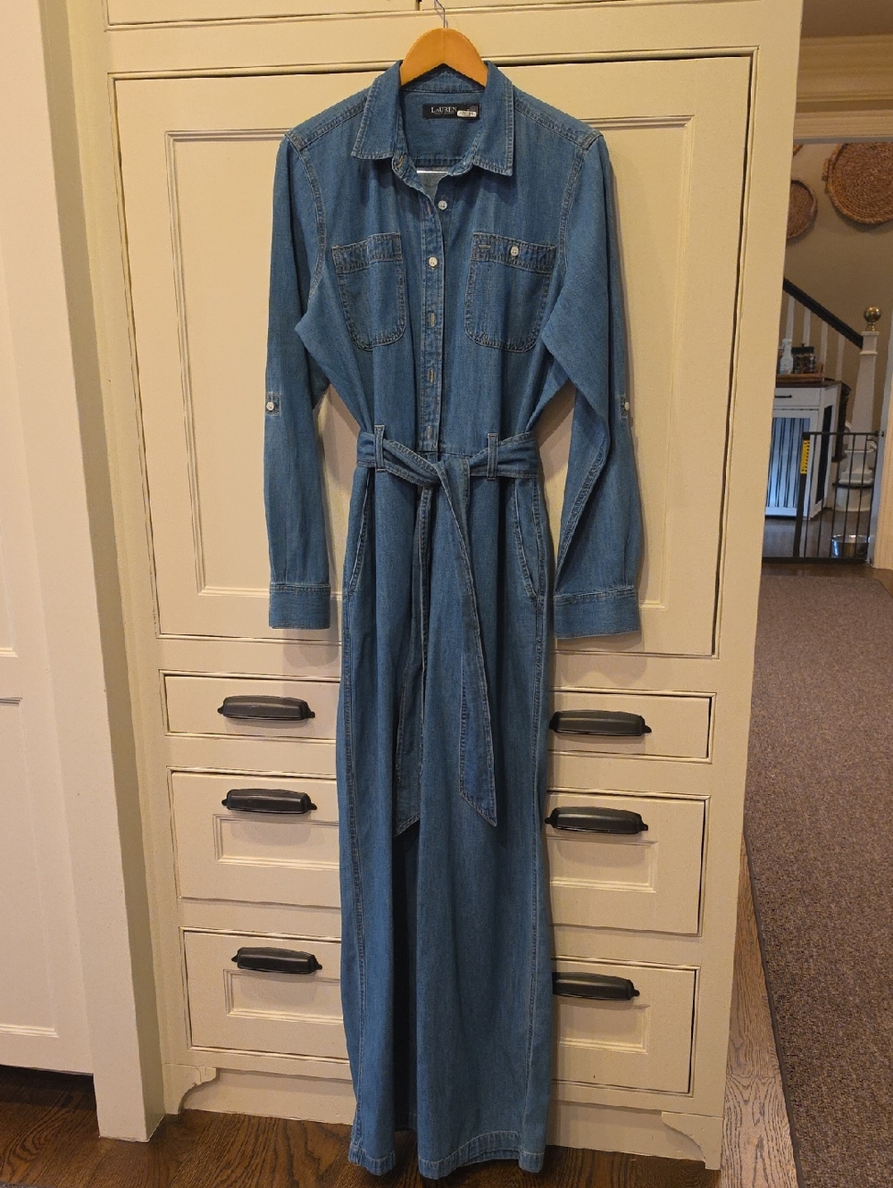 Lauren Ralph Lauren Chambray Denim 100% Cotton Long Sleeve Belted Jumpsuit EUC
